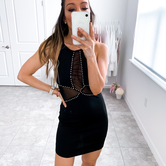 Black Halter Mesh Rhinestones Bodycon Sexy Dress - Picture 8 of 13